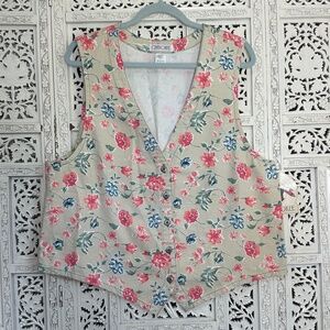 Vintage Cherokee Floral Beige Button Up‎ Sleeveless Vest Sz Large